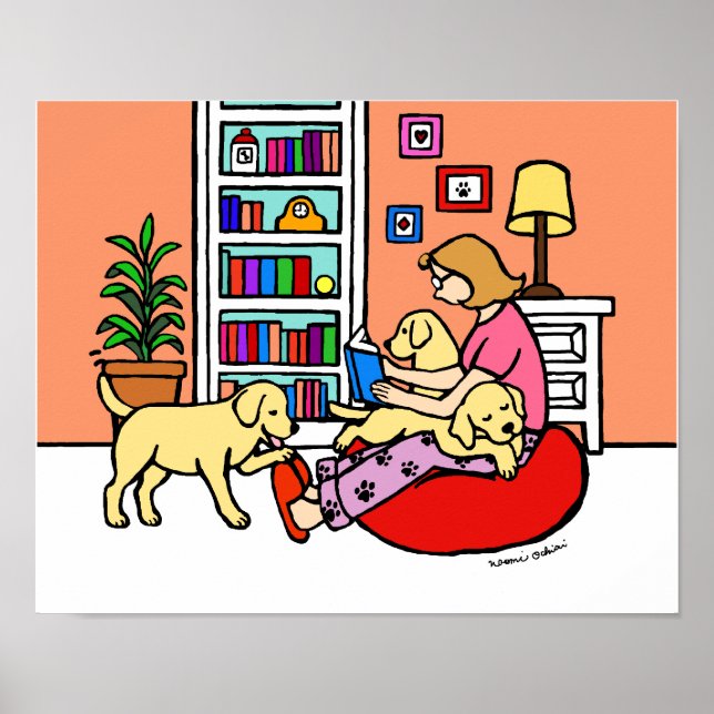 Gult Labrador Mamma Reading Tecknad Poster (Framsidan)