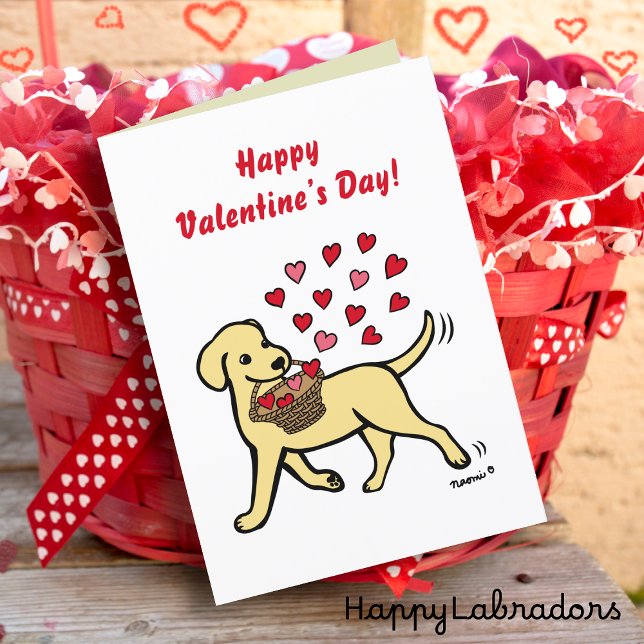 Gult Labrador med hjärtan Valentine Helgkort (Yellow Labrador Carrying Hearts Valentine Card for Labrador Owners.  Cute Cartoon Design.)