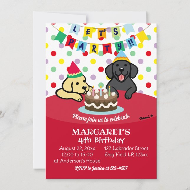 Gult Labrador och Black Labrador Födelsedagsfest Inbjudningar (Framsida)
