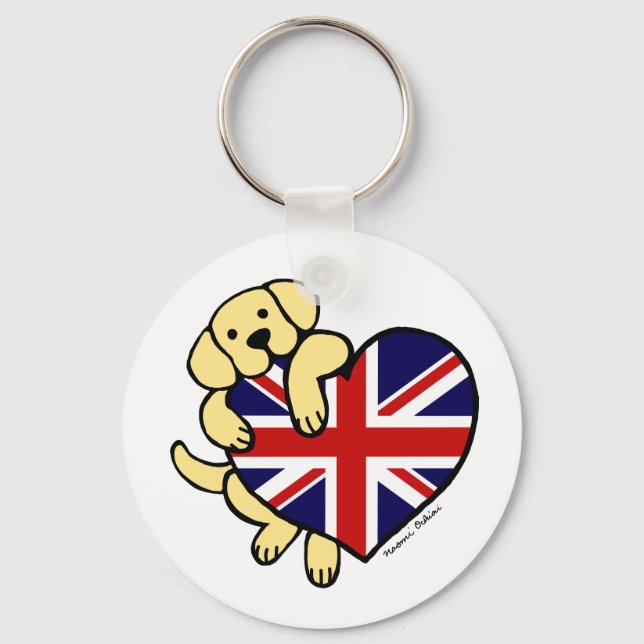 Gult Labrador och UK Flagga Heart 2 Tecknad Nyckelring (Framsida)