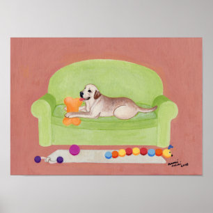 Gult Labrador om Grönt Couch Artwork Poster