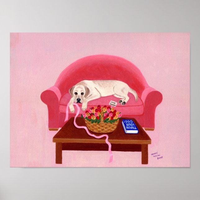 Gult Labrador om Rosa Couch Artwork Poster (Framsidan)