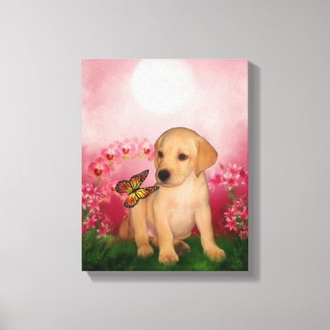 Gult Labrador Puppy Butterfly Flowers Hund Art Canvastryck (Framsida)