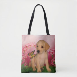 Gult Labrador Puppy Butterfly Flowers Hund Art Tygkasse