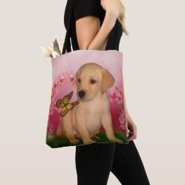 Gult Labrador Puppy Butterfly Flowers Hund Art Tygkasse