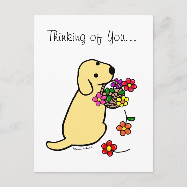 Gult Labrador Puppy Flower Basket Tecknad Vykort (Framsida)