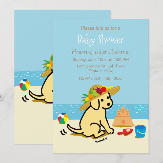 Gult Labrador Puppy Straw Hat Baby Shower Inbjudningar (Fram/baksida)