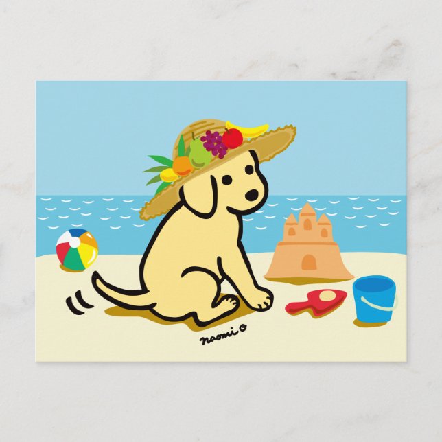 Gult Labrador Puppy Straw Hat Tecknad Vykort (Framsida)