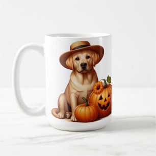 Gult Labrador Puppy Wearing Hat with Pumpkins Kaffemugg