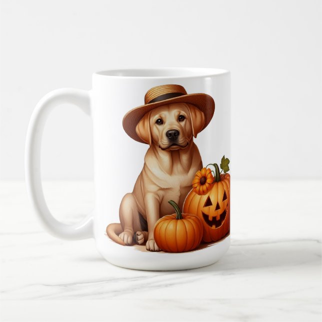 Gult Labrador Puppy Wearing Hat with Pumpkins Kaffemugg (Vänster)