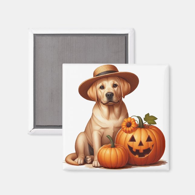 Gult Labrador Puppy Wearing Hat with Pumpkins Magnet (Front/Back)