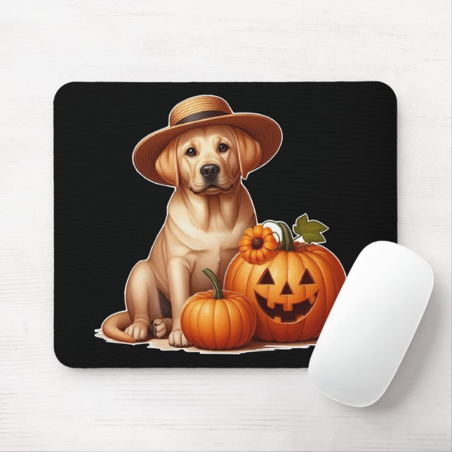 Gult Labrador Puppy Wearing Hat with Pumpkins Musmatta (Med mus)