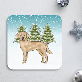 Gult Labrador Retriever Blue Snowy Winter Forest Fyrkantigt Klistermärke