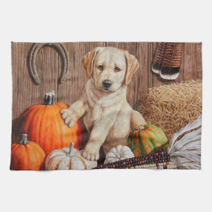 Gult Labrador Retriever Puppy Hund Pumpkin Höst Kökshandduk