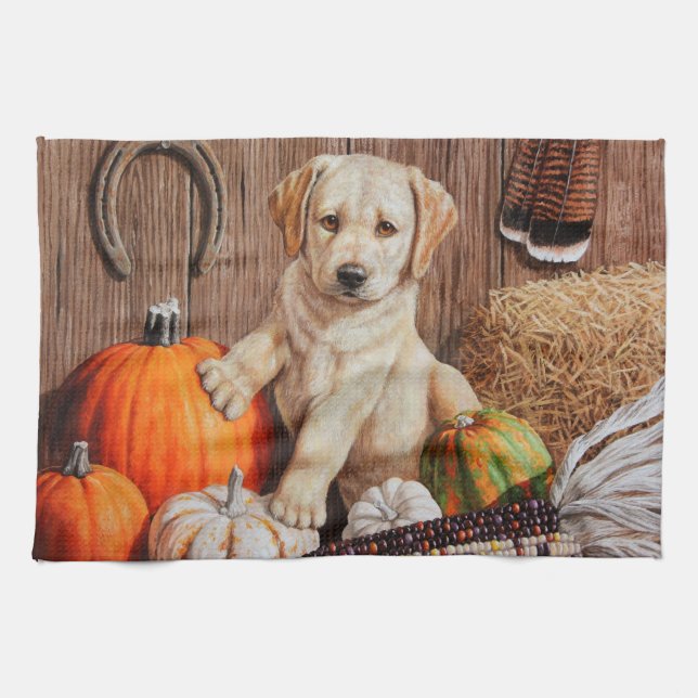 Gult Labrador Retriever Puppy Hund Pumpkin Höst Kökshandduk (Horisontell)