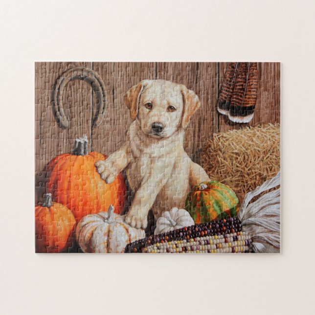 Gult Labrador Retriever Puppy Hund Pumpkin Höst Pussel (Horisontell)