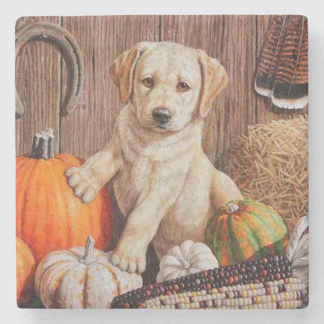 Gult Labrador Retriever Puppy Hund Pumpkin Höst Stenunderlägg (Framsidan)