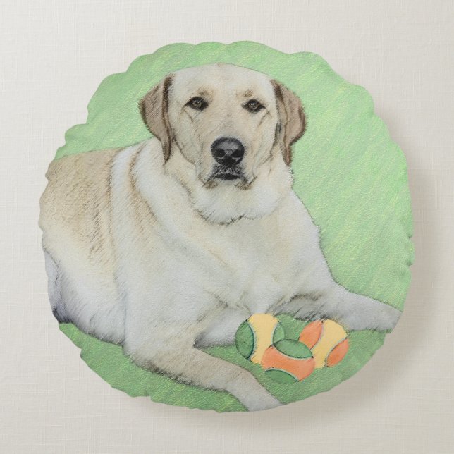 Gult Labrador Retriever & Tennis Bollar Painting Rund Kudde (Framsidan)