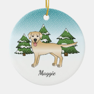 Gult Labrador Retriever - Winter Forest & Namn Julgransprydnad Keramik