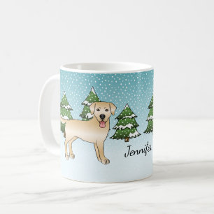 Gult Labrador Retriever - Winter Forest & Namn Kaffemugg