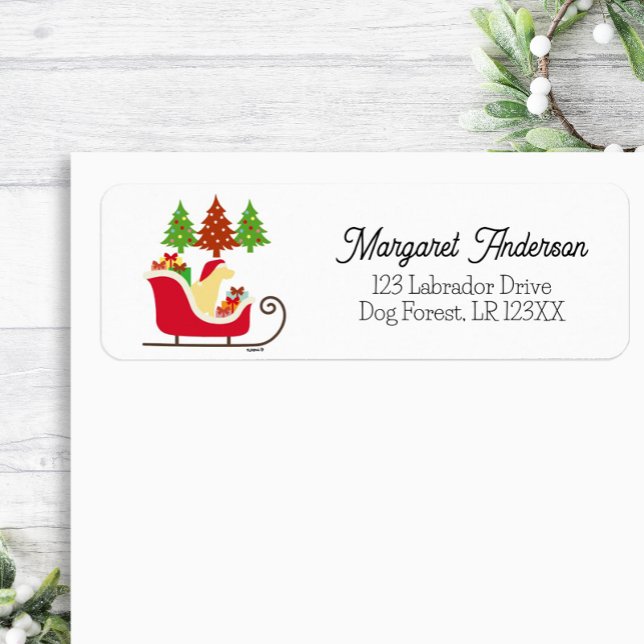 Gult Labrador Silhouette jul Sleigh Returadress Etikett (Yellow Labrador Silhouette Christmas Sleigh design Return Address Label for Labrador Owners.)