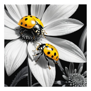 Gult Ladybugs Beetle on Black White Flower Fototryck