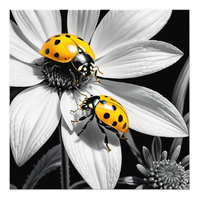 Gult Ladybugs Beetle on Black White Flower Fototryck (Framsidan)