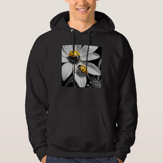 Gult Ladybugs Beetle on Black White Flower Hoodie (Framsida)