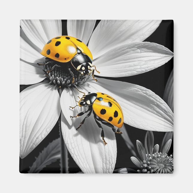 Gult Ladybugs Beetle on Black White Flower Magnet (Framsidan)