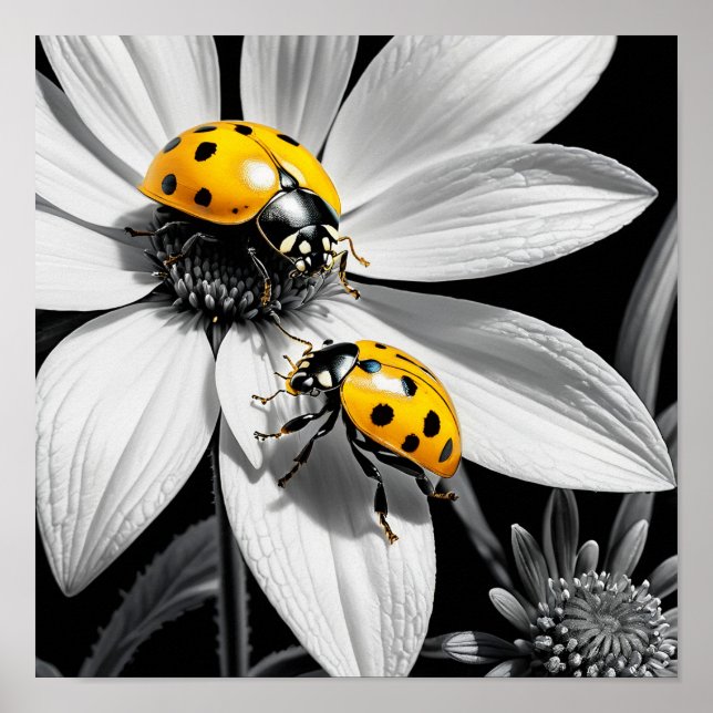 Gult Ladybugs Beetle on Black White Flower Poster (Framsidan)