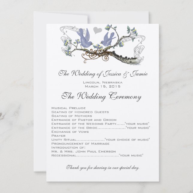 Gult & Lavender Vintage Lovebird Bröllopsprogram Inbjudningar (Framsida)