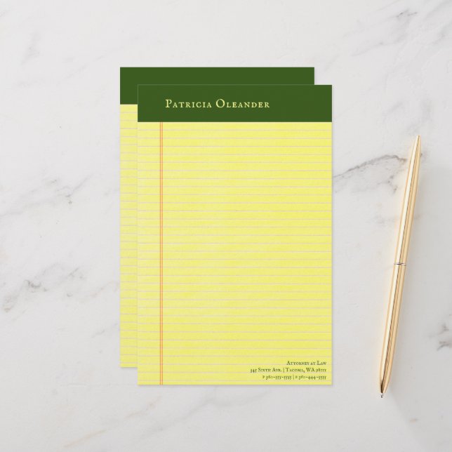 Gult Legal Pad Stil Grönt Top Stationery Brevpapper (Fram/Back In Situ)
