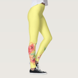 Gult Leggings med Rosa Peach Tropical Flowers