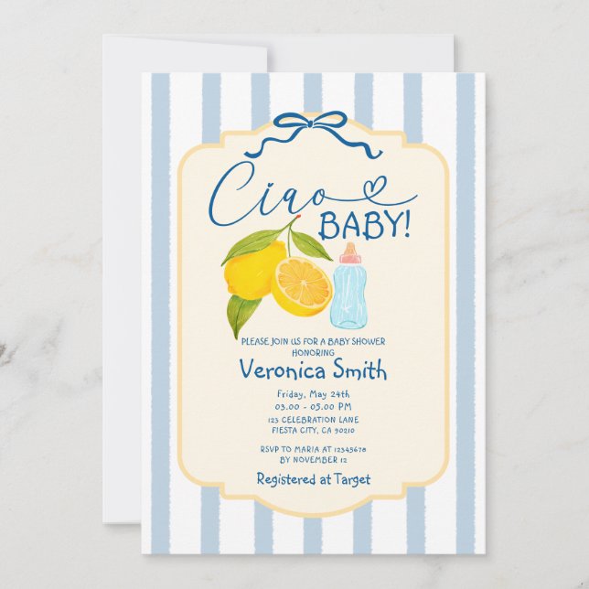 Gult Lemon Blue Italien Ciao Baby Shower Inbjudan (Framsida)