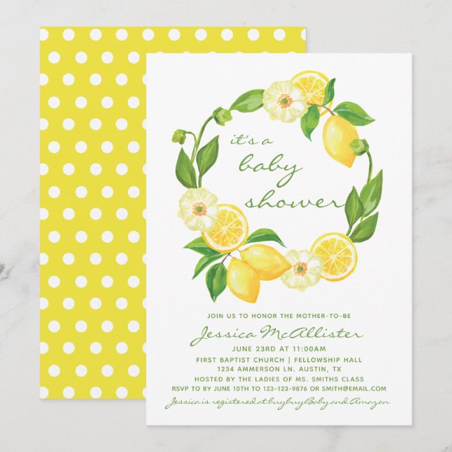 Gult Lemon Citrus Polkadot Unisex Baby Shower Inbjudningar (Fram/baksida)