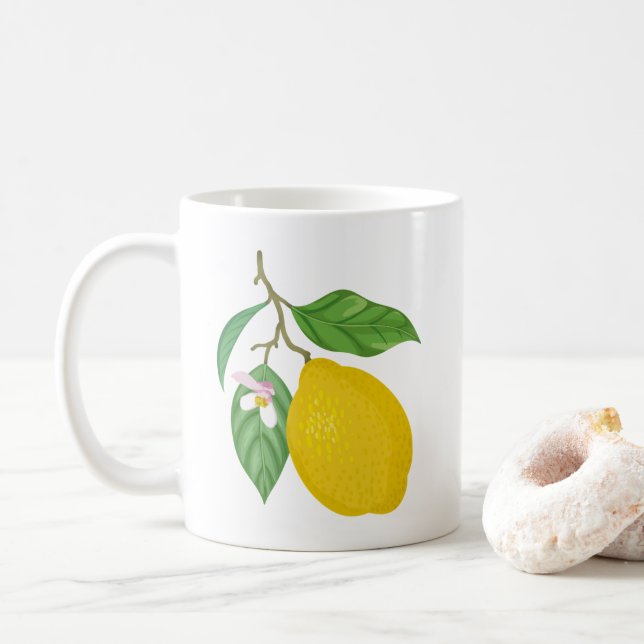 Gult Lemon med Grönt Löv och Vit blomma Kaffemugg (Med munk)