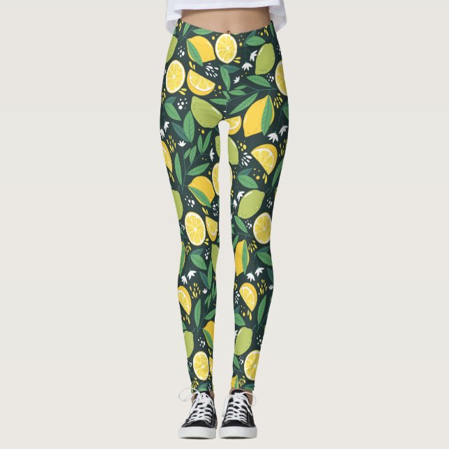 Gult Lemon och Grönt Lime Fruit Food Mönster Leggings (Framsida)