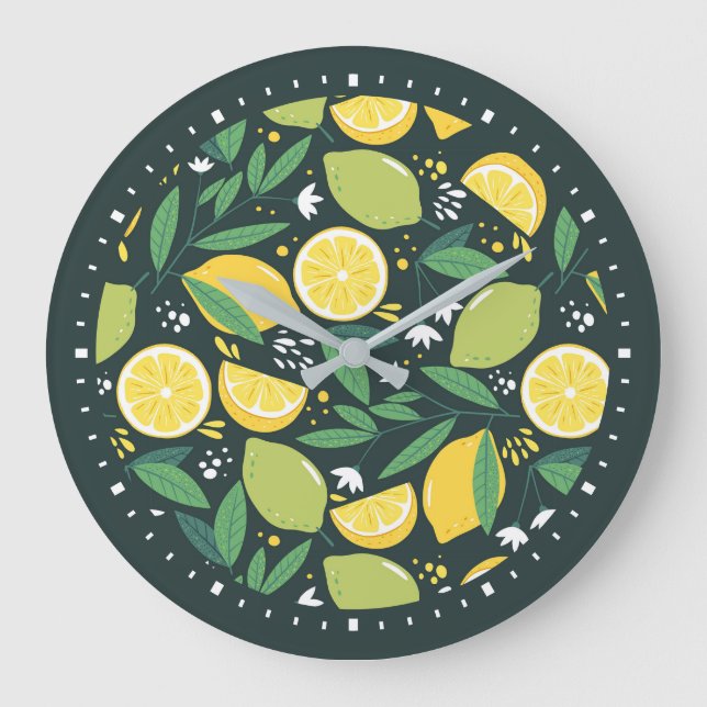 Gult Lemon och Grönt Lime Fruit Food Mönster Stor Klocka (Framsida)