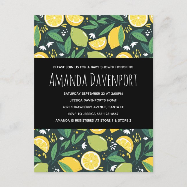 Gult Lemon och Lime Fruit Mönster Baby Shower Inbjudan Vykort (Framsida)