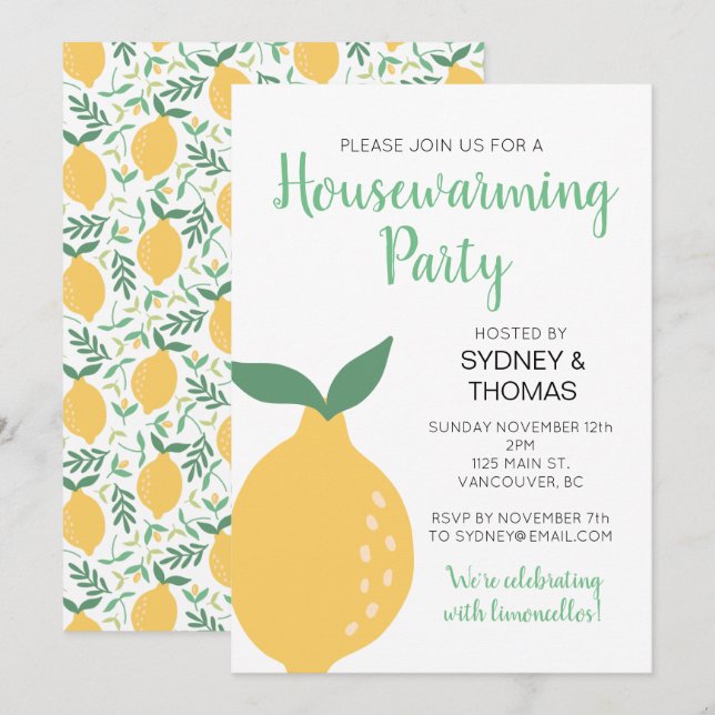 Gult Lemon och Löv House Warming Party Inbjudningar (Fram/baksida)
