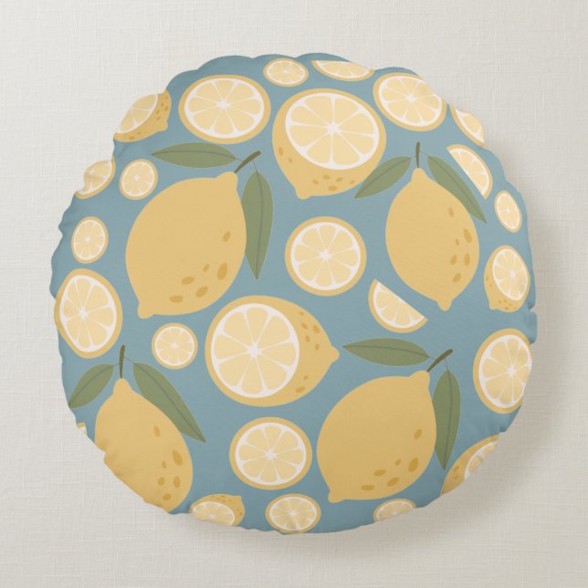 Gult Lemon Seamless Mönster Rund Kudde (Framsidan)