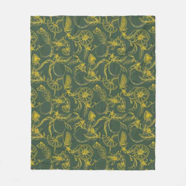 Gult Lemon Sketch på Mörk grönt Fleecefilt (Framsidan)
