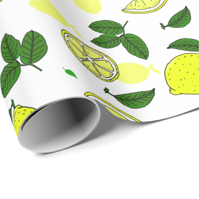 Gult Lemons and Löv Hand Illustrated Mönster Presentpapper (Rullad Hörn)