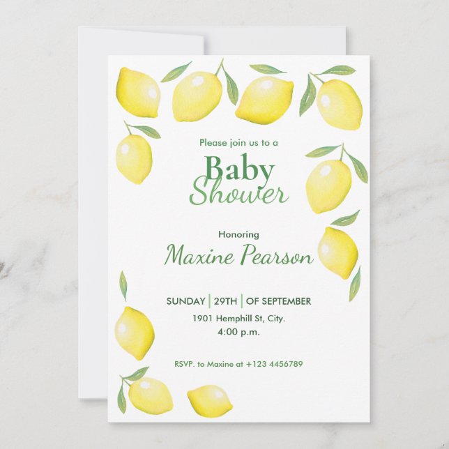 Gult Lemons Baby Shower Inbjudningar (Framsida)