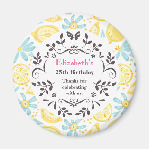 Gult Lemons & Blåa blommor Birthday Tack Magnet