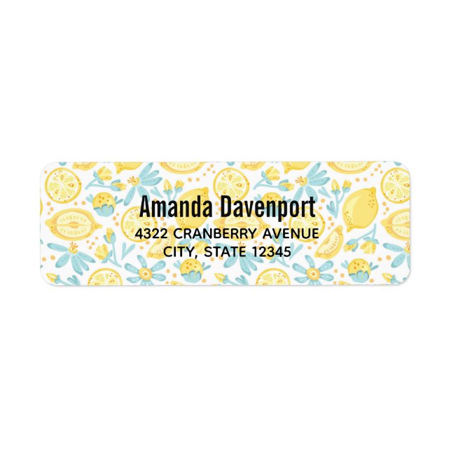 Gult Lemons & Blåa blommor Illustrated Mönster L Returadress Etikett (Framsidan)