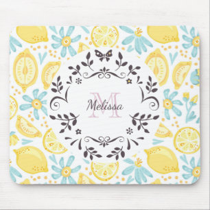 Gult Lemons & Blåa blommor Monogram & Namn Musmatta