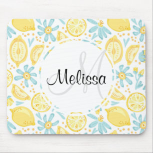 Gult Lemons & Blåa blommor Mönster Monogram Musmatta