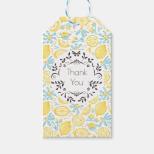 Gult Lemons & Blåa blommor Mönster Tack Presentetikett