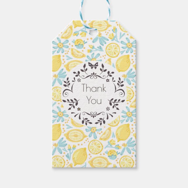 Gult Lemons & Blåa blommor Mönster Tack Presentetikett (Framsidan)